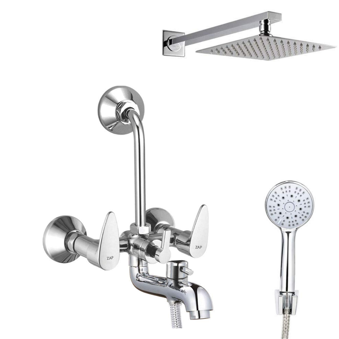 BRE305 Breeza Series 100% High Grade Brass 3 in 1 Wall Mixer with Shower Arms & Head | Multi Flow Hand Shower with 1.5 Meter Flexible Tube (Chrome)