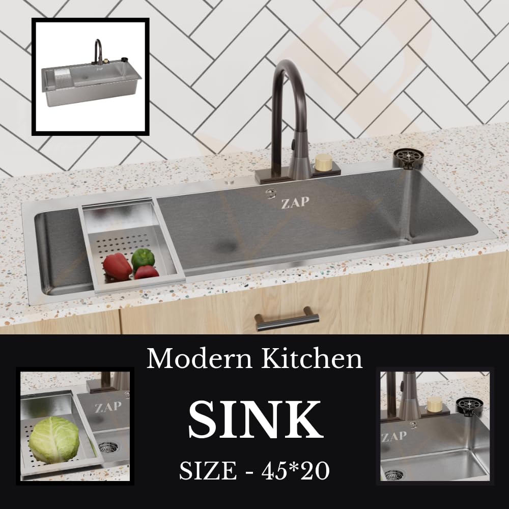 Waterfall 304 SS Kitchen Sink Set with Pull Out Faucet, Chopping Board, Glass Rinser, Soap Dispenser & Strainer, Multi-functional sink with Kitchen Sink Accessories (24X18 inch) Chrome