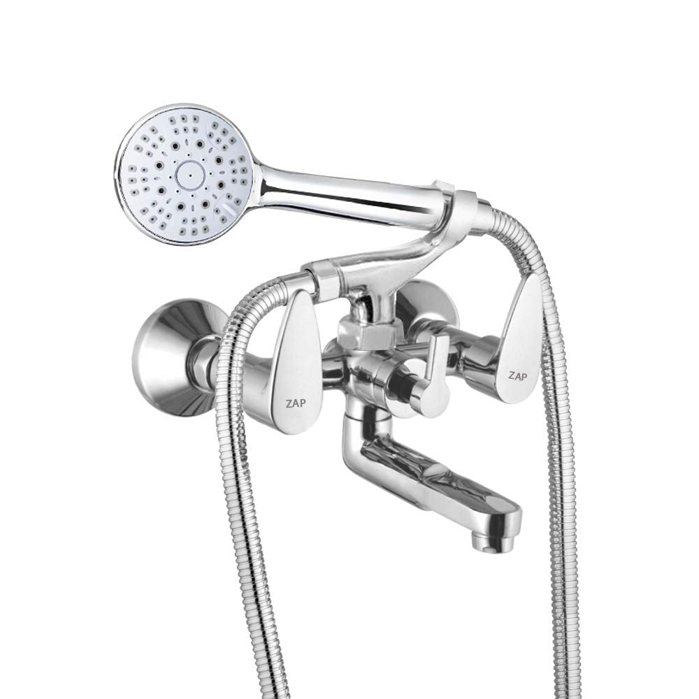 Brezza High Grade Brass 2 in 1 Wall Mixer With Crutch & Multi Flow Hand Shower With 1.5 Meter Flexible Tube (Chrome) (Premium)