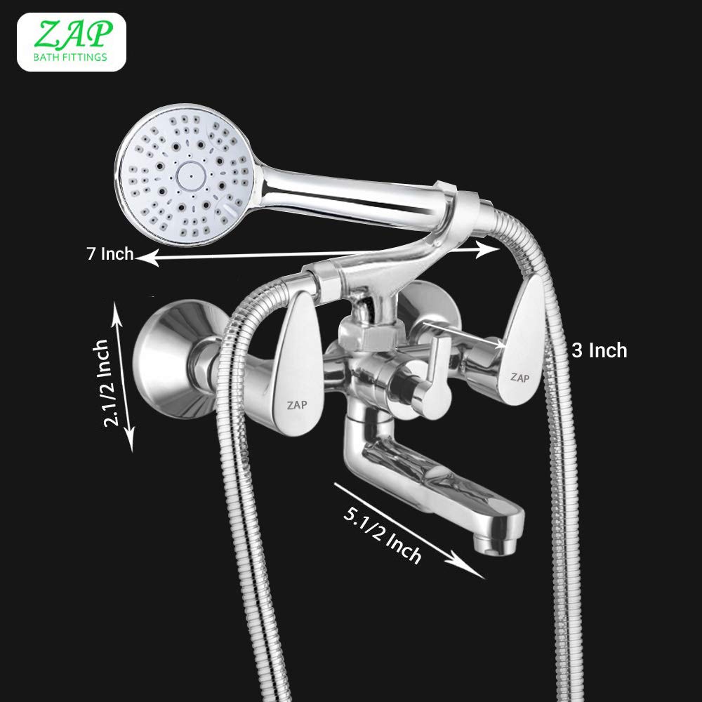 Brezza High Grade Brass 2 in 1 Wall Mixer With Crutch & Multi Flow Hand Shower With 1.5 Meter Flexible Tube (Chrome) (Premium)