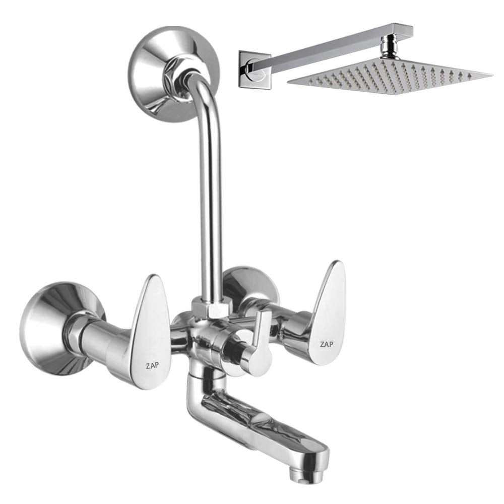 Brzza Series High Grade 100% Brass Wall Mixer with Overhead Shower System Set and 125mm Long Bend Pipe for Bathroom (Chrome Finish)