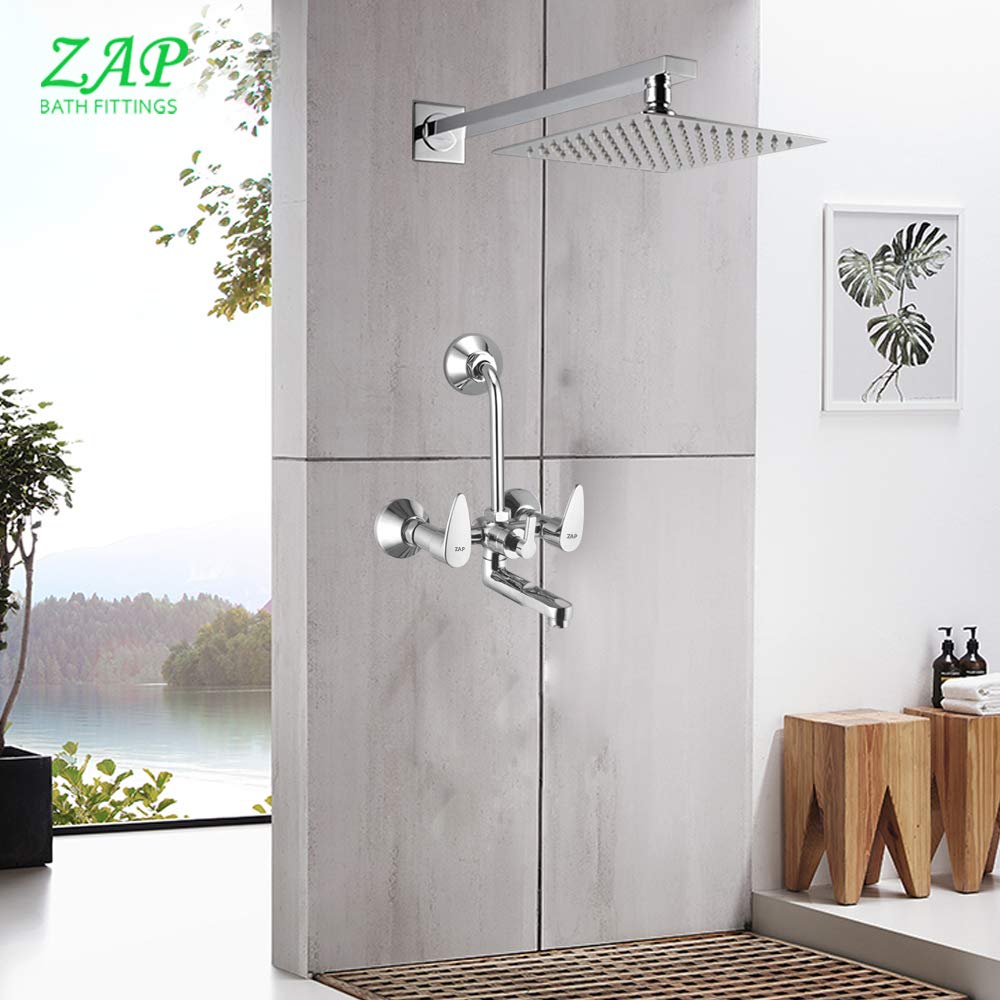Brzza Series High Grade 100% Brass Wall Mixer with Overhead Shower System Set and 125mm Long Bend Pipe for Bathroom (Chrome Finish)