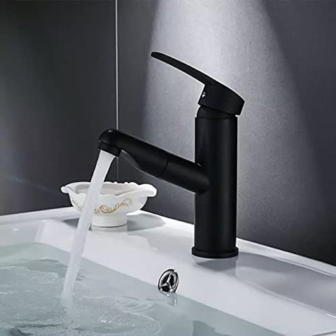 Lavish Series Rust Free Bathroom Sink Faucet with Pull Out Sprayer, Matte Black Bathroom Faucet | Single Handle for Temperature Control Stainless Steel, Utility Sink Faucet Black & Steel