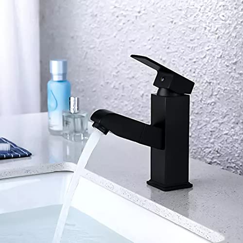 Lavish Series Rust Free Bathroom Sink Faucet with Pull Out Sprayer, Matte Black Bathroom Faucet | Single Handle for Temperature Control Stainless Steel, Utility Sink Faucet Black & Steel