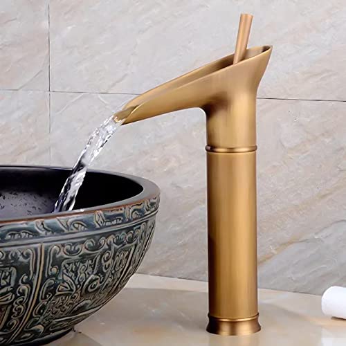 Bathroom Faucet with Waterfall Spout Bath Sink Faucets Single Handle One Hole Solid Brass Farmhouse Commercial Antique Lavatory Vanity Basin Mixer Tap (Brushed Gold)