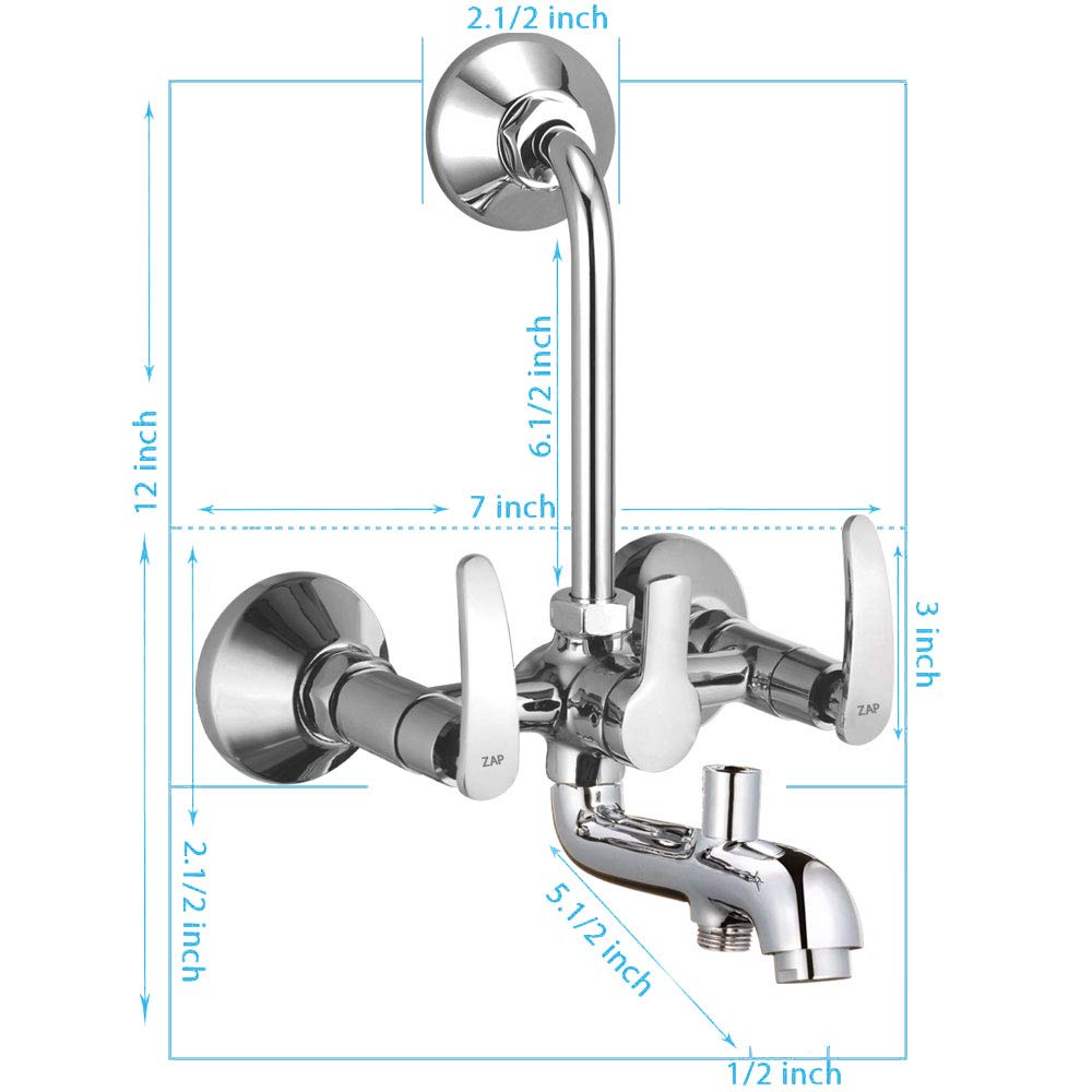 Arrow Series 100% High Grade Brass 3 in 1 Wall Mixer With Provision For Over Head Shower and 125mm Long Bend Pipe (Chrome)