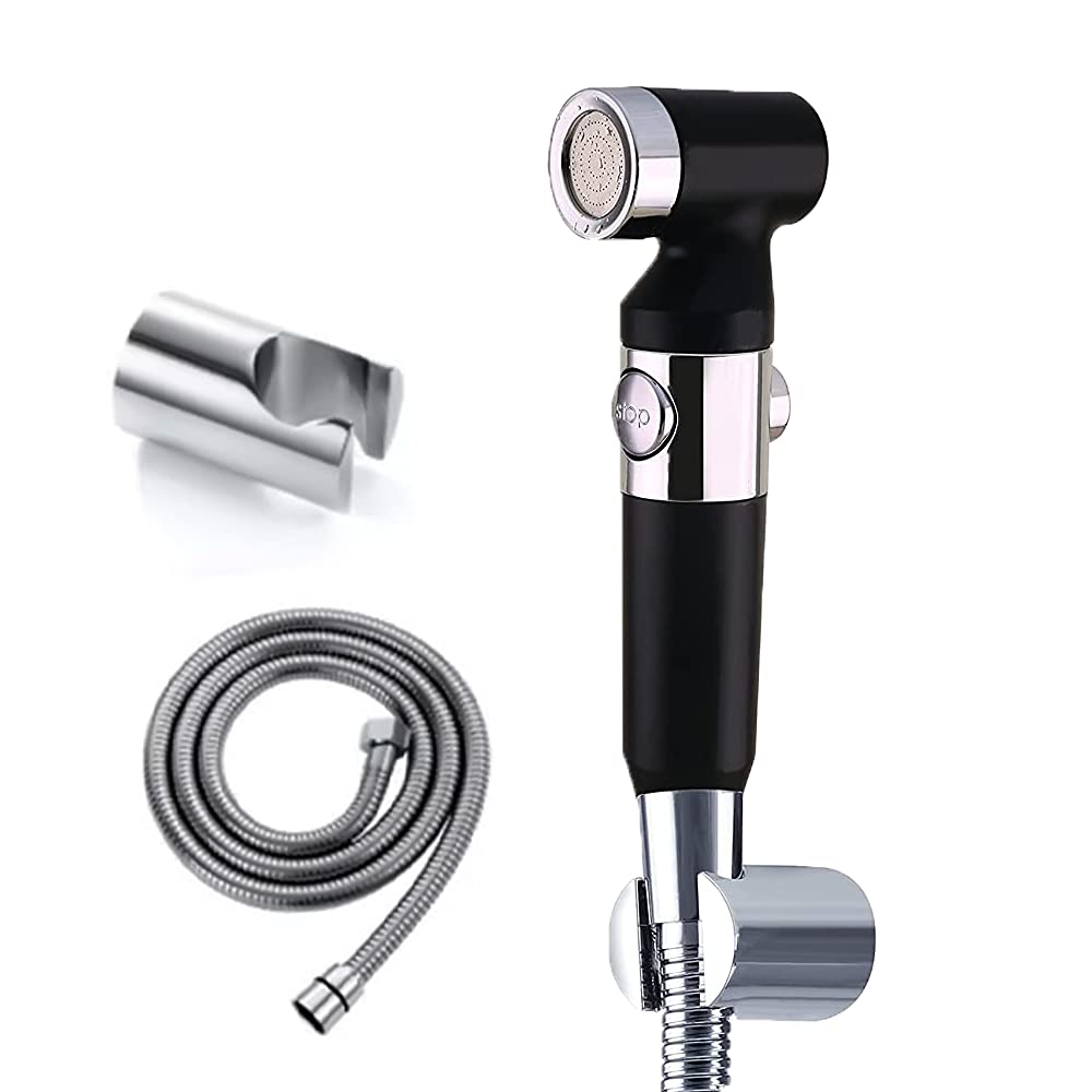 Ultra ZX1034 Health Faucet Handheld Toilet Jet Spray with 1.5 m Stainless Steel Tube and Wall Hook-Chrome Finish Bidet with Hose and Holder/Clutch Set (Black)