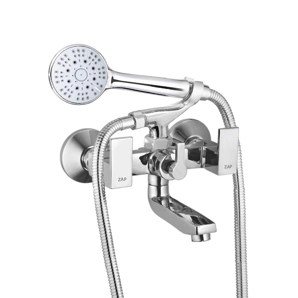 SKDA Series High Grade Brass 2 in 1 Wall Mixer with Crutch & Multi Flow Hand Shower with 1.5 Meter Flexible Tube (Silver, Chrome)