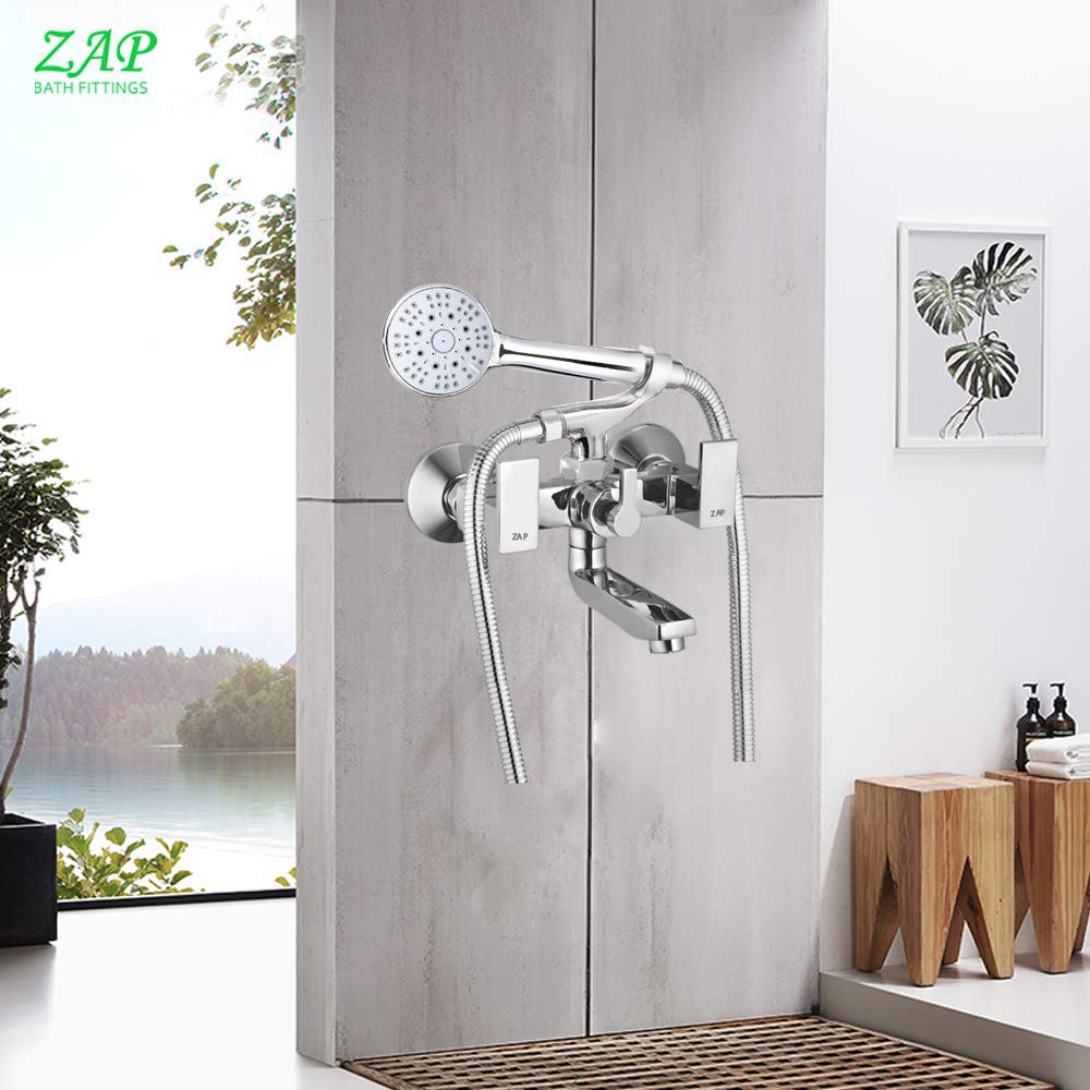 SKDA Series High Grade Brass 2 in 1 Wall Mixer with Crutch & Multi Flow Hand Shower with 1.5 Meter Flexible Tube (Silver, Chrome)
