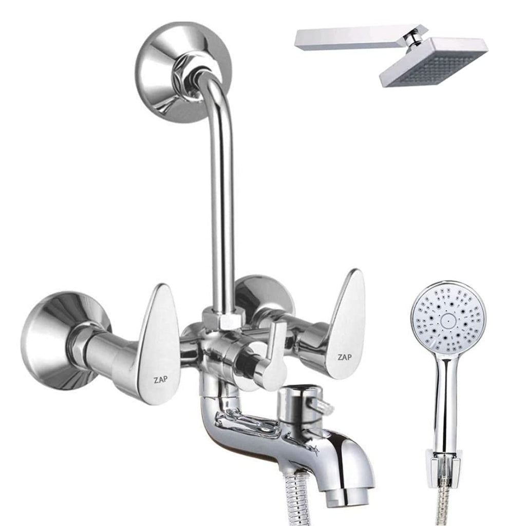 Breeza Series 100% High Grade Brass 3 in 1 Wall Mixer with Crutch & Multi Flow Hand Shower with 1.5 Meter Flexible Tube (Chrome) (Premium)