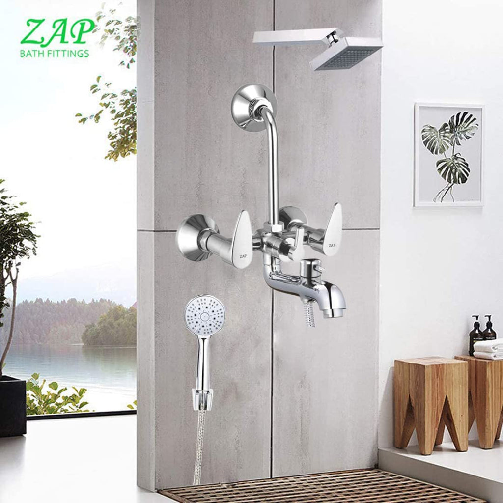 Breeza Series 100% High Grade Brass 3 in 1 Wall Mixer with Crutch & Multi Flow Hand Shower with 1.5 Meter Flexible Tube (Chrome) (Premium)