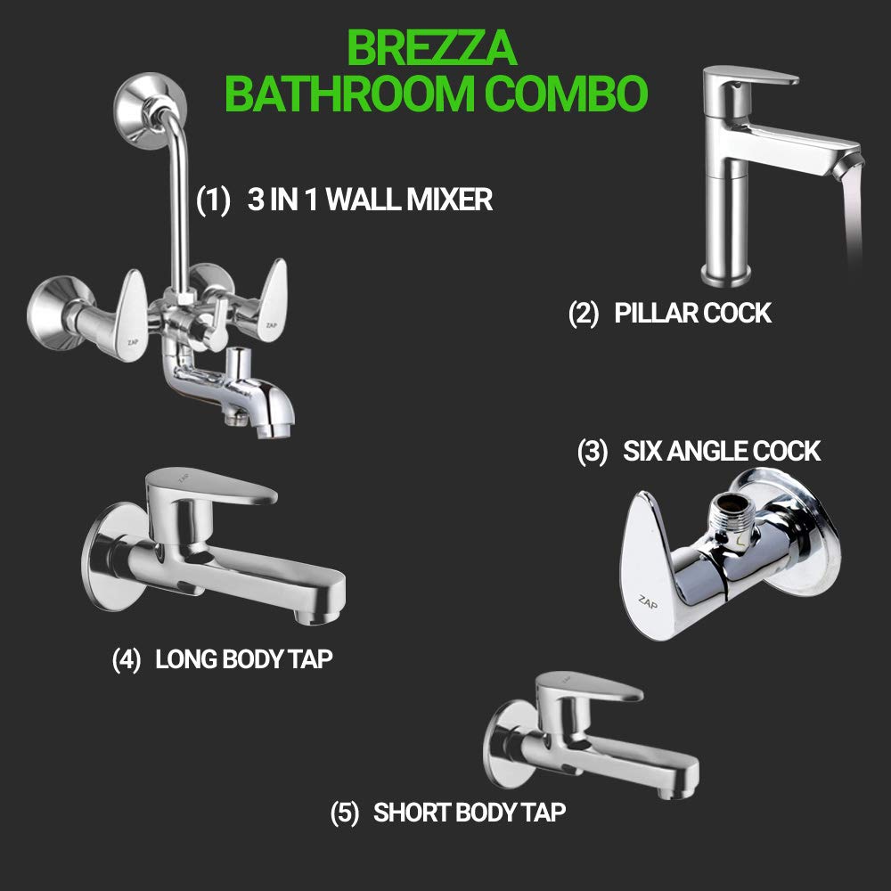 Brezza Bathroom Combo 100% Brass 3 in 1 Wall Mixer + 6 Pc Angle Cock + 2 Long Body Cock Tap + 1 Pillar Cock Set for Bathroom