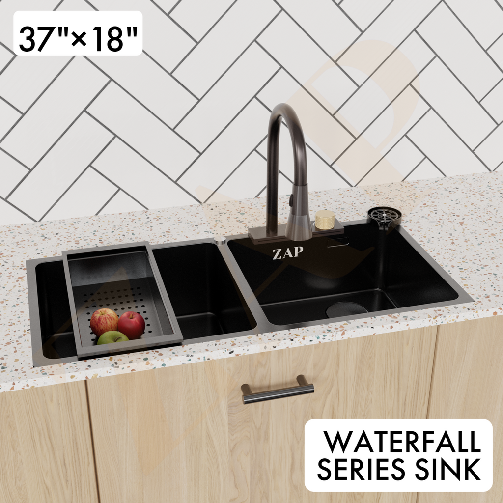 Waterfall 304 SS Kitchen Sink Set with Pull Out Faucet, Chopping Board, Glass Rinser, Soap Dispenser & Strainer, Multi-functional sink with Kitchen Sink Accessories (37X18 inch) Black