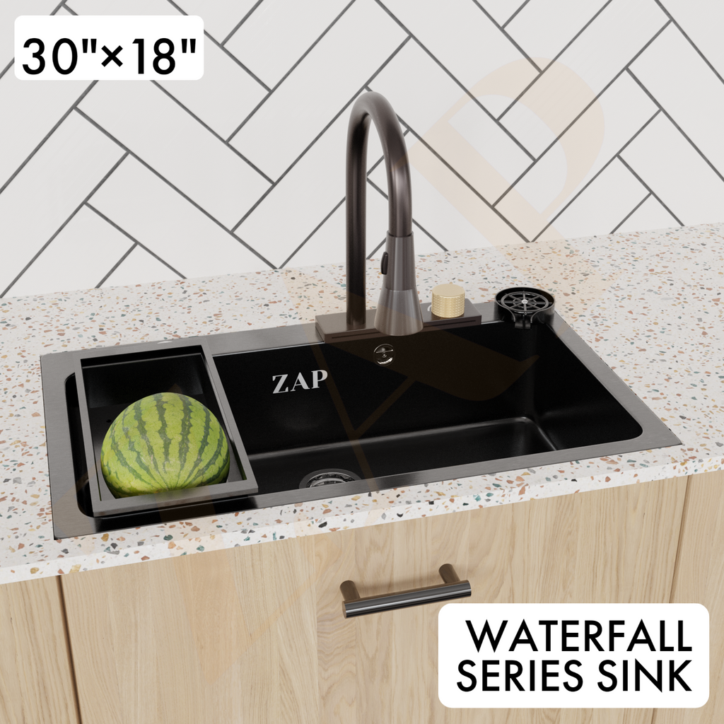Waterfall 304 SS Kitchen Sink Set with Pull Out Faucet, Chopping Board, Glass Rinser, Soap Dispenser & Strainer, Multi-functional sink with Kitchen Sink Accessories (30X18 inch) Black