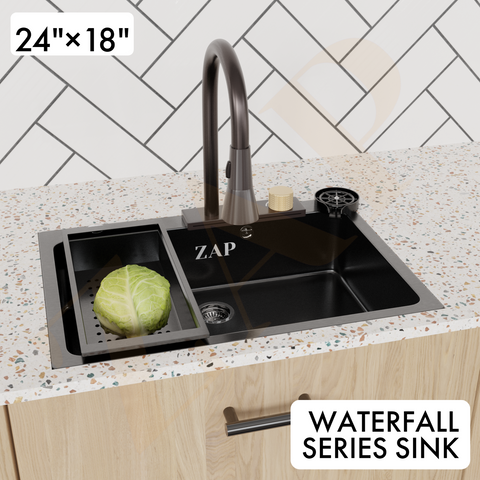 Waterfall 304 SS Kitchen Sink Set with Pull Out Faucet, Chopping Board, Glass Rinser, Soap Dispenser & Strainer, Multi-functional sink with Kitchen Sink Accessories (24X18 inch) Black