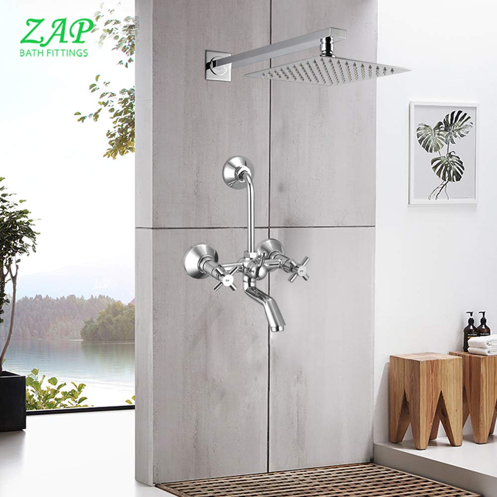 Caster Series High Grade 100% Brass Wall Mixer with Overhead Shower System Set and 125mm Long Bend Pipe for Bathroom (Chrome Finish)