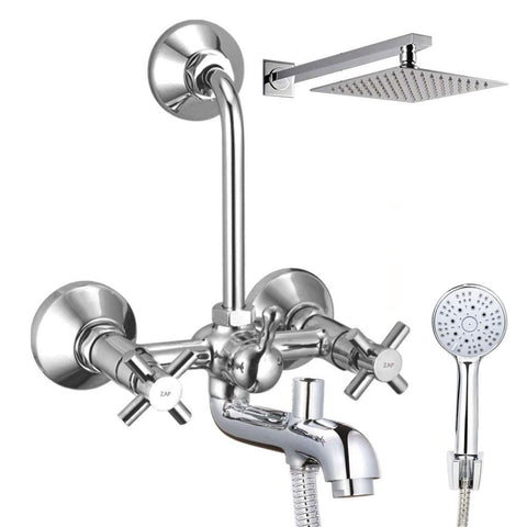 CASTER Series 100% High Grade Brass 3 in 1 Wall Mixer with Shower Arms & Head | Multi Flow Hand Shower with 1.5 Meter Flexible Tube (Chrome)