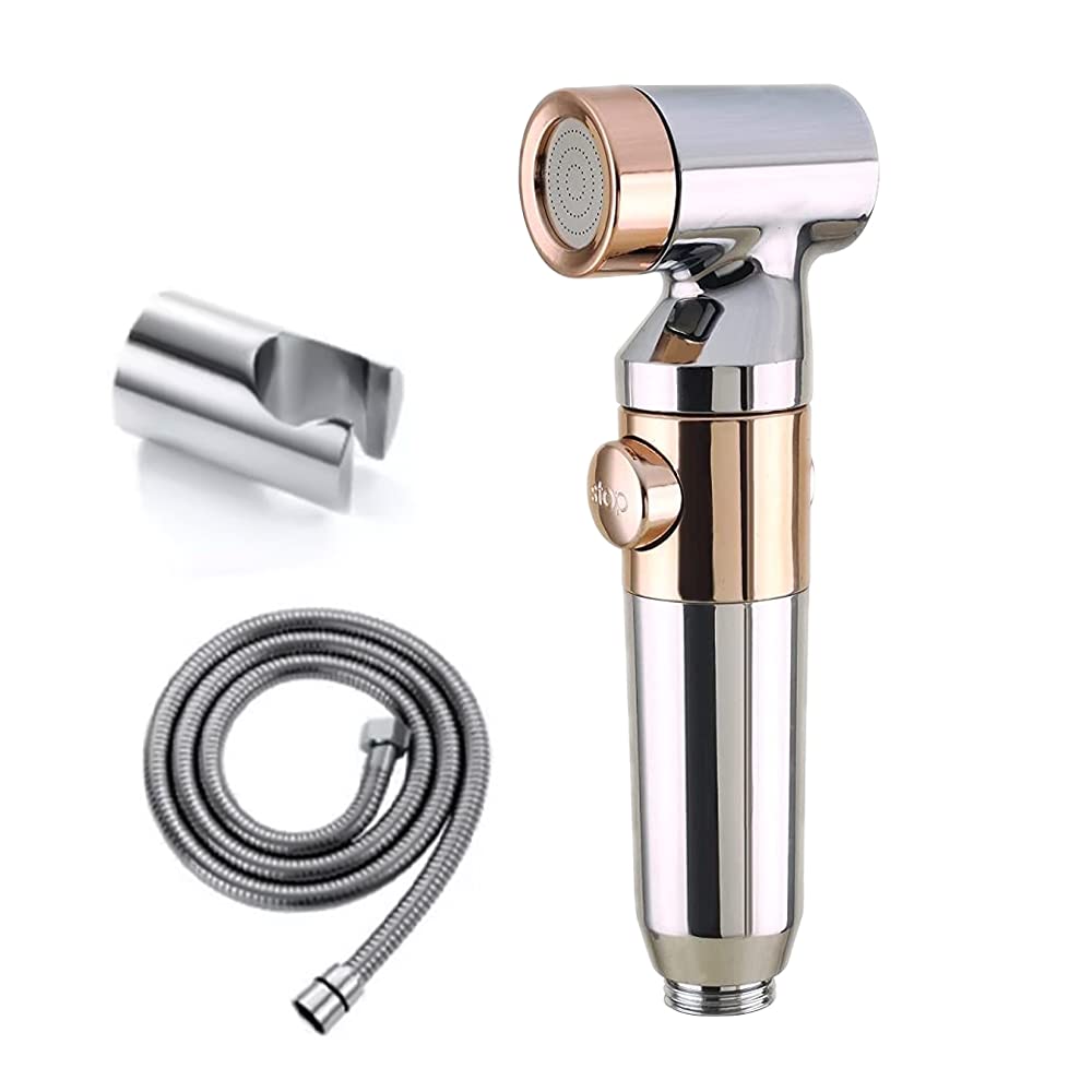 Ultra ZX1034 Health Faucet Handheld Toilet Jet Spray with 1.5 m Stainless Steel Tube and Wall Hook-Chrome Finish Bidet with Hose and Holder/Clutch Set (Chrome Gold)