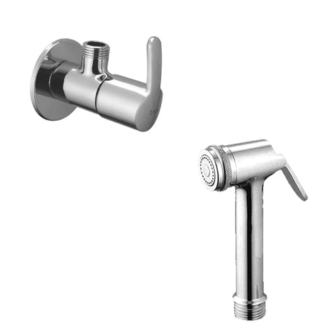 Combo of Deluxe Series Brass Health Faucet and Prime Brass Angle Cock with Wall Flange for Bathroom