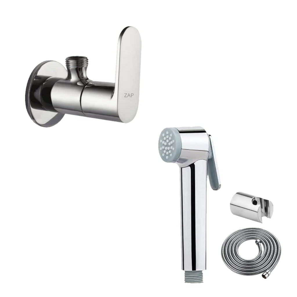 Bathroom Combo of Bolt Series Health Faucet with Stainless Steel Tube and Wall Hook and Opel Angle Valve Wall Mounted for Bathroom