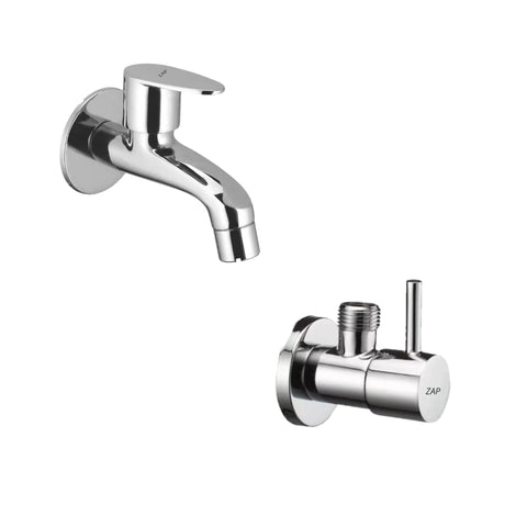 Combo of Pluto Chrome Plated Finish Brass Long Body Bip Cock Water Tap and Turbo Project Angle Valve