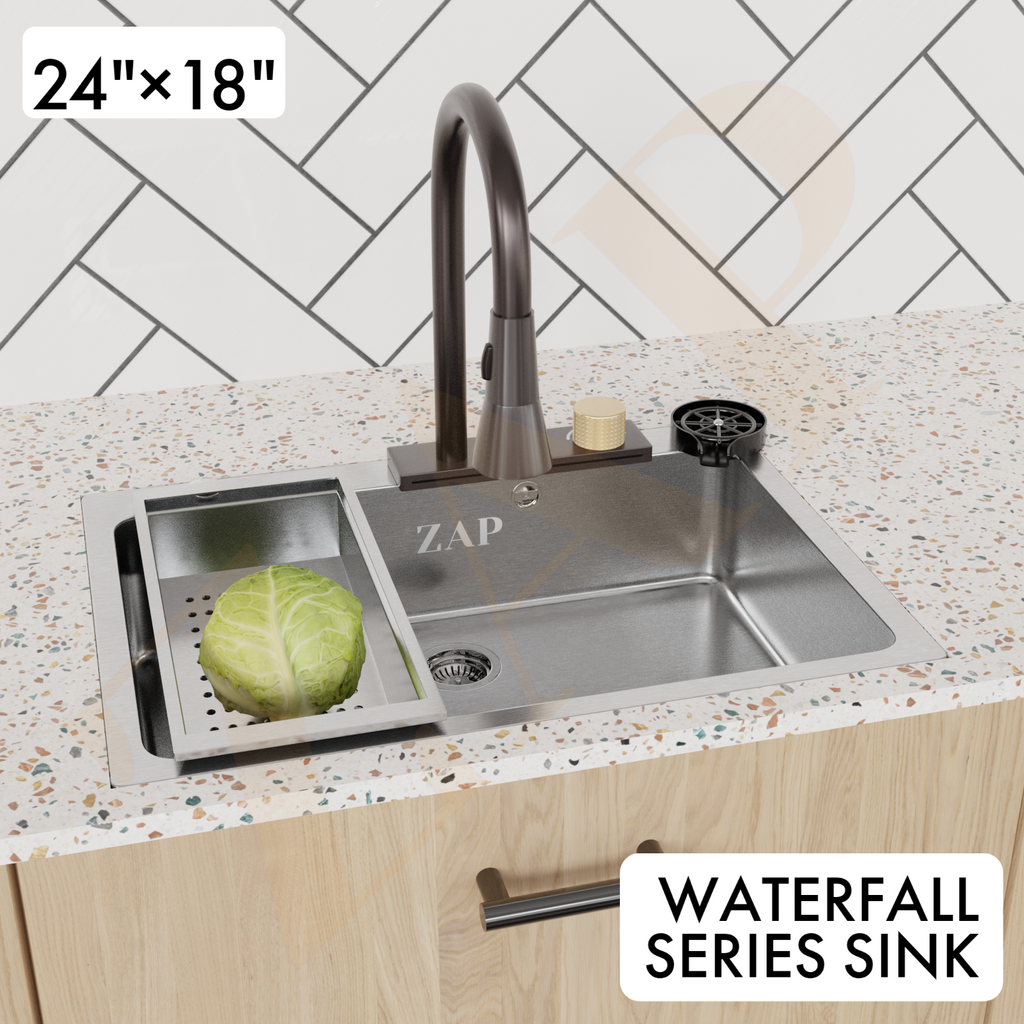 Waterfall 304 SS Kitchen Sink Set with Pull Out Faucet, Chopping Board, Glass Rinser, Soap Dispenser & Strainer, Multi-functional sink with Kitchen Sink Accessories (24X18 inch) Chrome