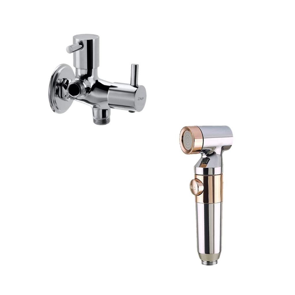 Combo of Ultra ZX 1034 Health Faucet and Turbo Two in One Angle Valve for Pipe Connection in Bathroom with Wall Flange and Teflon Tape