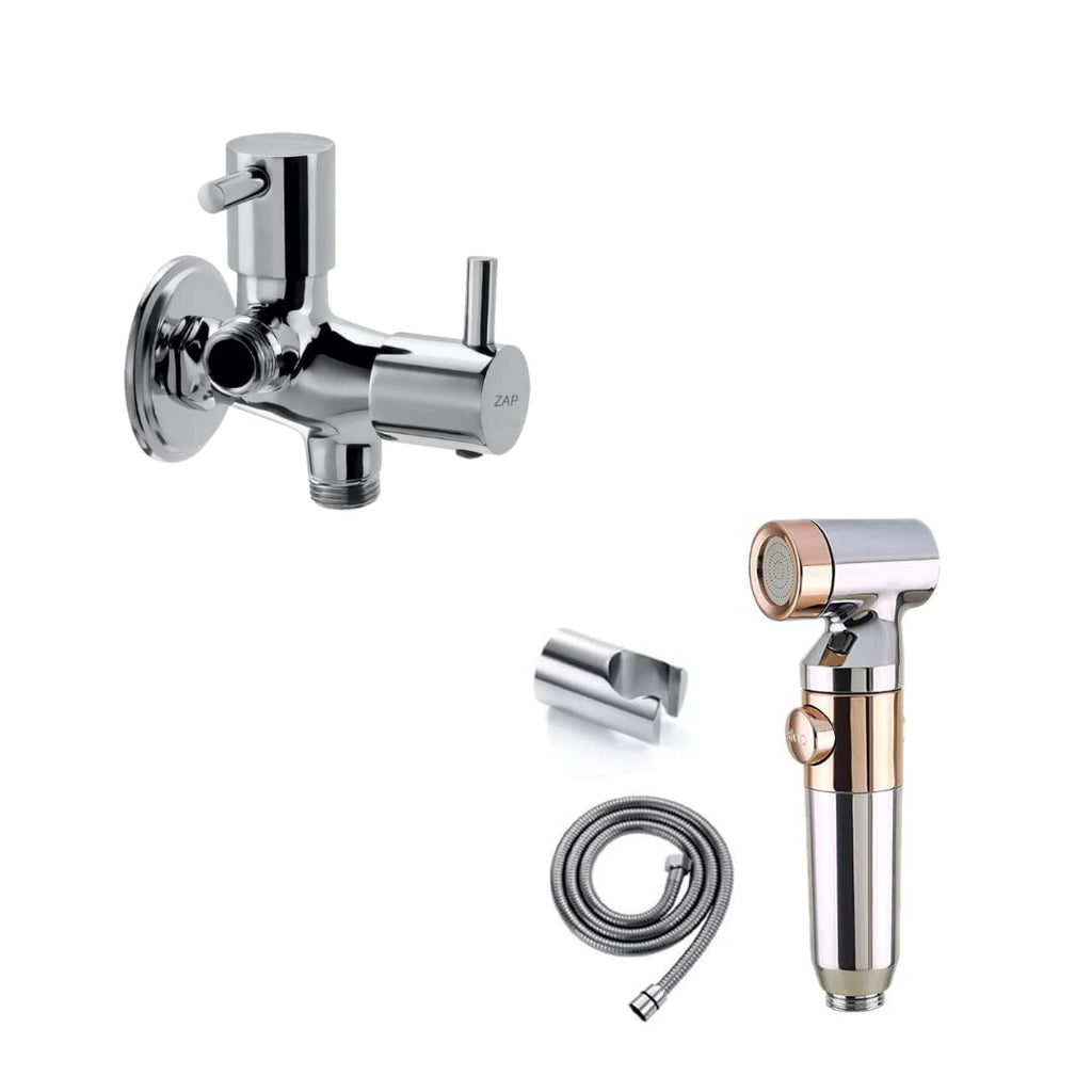 Combo of  Ultra ZX 1034 Health Faucet with Stainless Steel Tube and Wall Hook and Turbo Two in 1 Angle Valve
