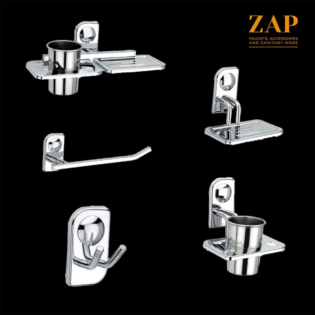 Combo of Platinum Series Soap Holder, Double Hook, Towel Ring, Soap Holder & Toothbrush Stand, Toothpaste Holder for Bathroom