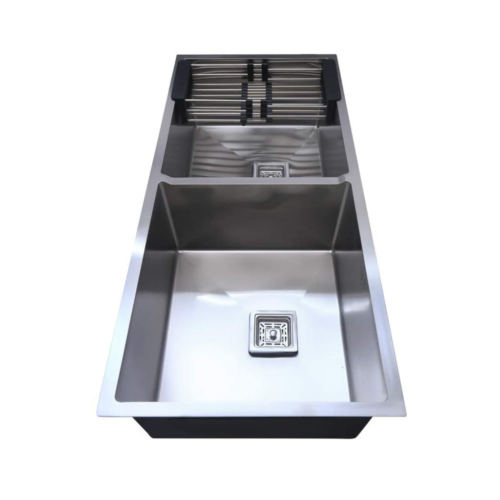 Quite Design Kitchen Sink Double Bowl 45*20 Chrome Thick Rubber Padding R Angle Design Easy Filter Smooth Drainage