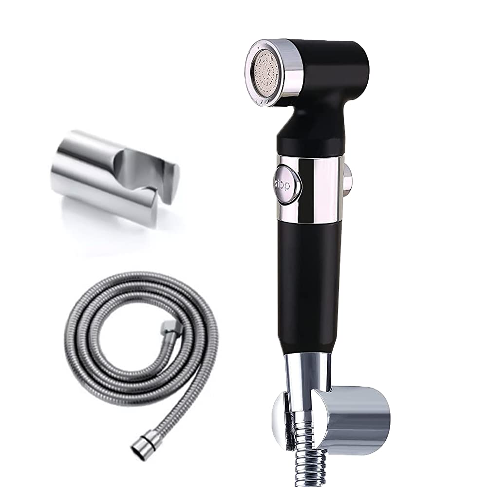 Ultra ZX1034 Health Faucet Handheld Toilet Jet Spray with 1.5 m Stainless Steel Tube and Wall Hook-Chrome Finish Bidet with Hose and Holder/Clutch Set (Full Black)