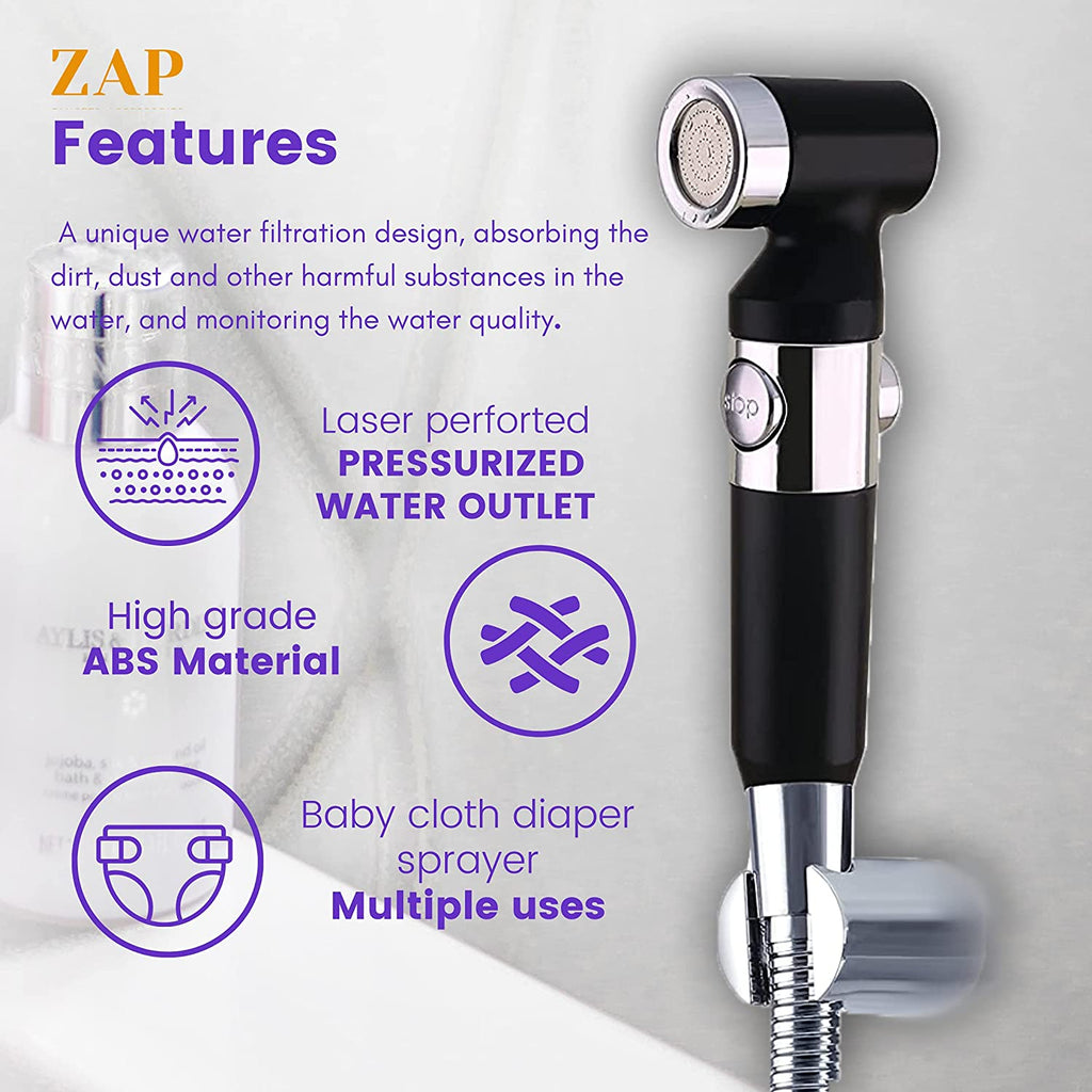 Ultra ZX1034 Health Faucet Handheld Toilet Jet Spray with 1.5 m Stainless Steel Tube and Wall Hook-Chrome Finish Bidet with Hose and Holder/Clutch Set (Full Black)