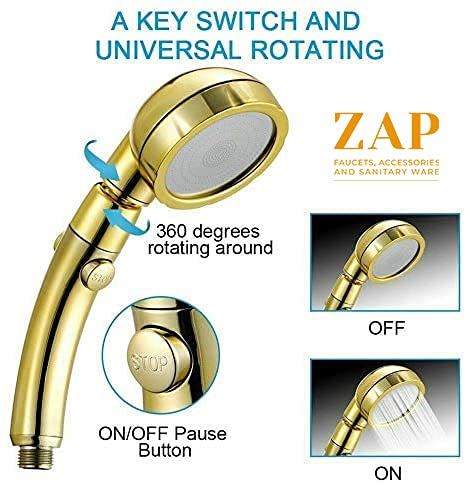 Exotic Series Handheld Shower set High Pressure With ON/OFF Pause Switch & 3 Spray Setting Showerhead (Gold)