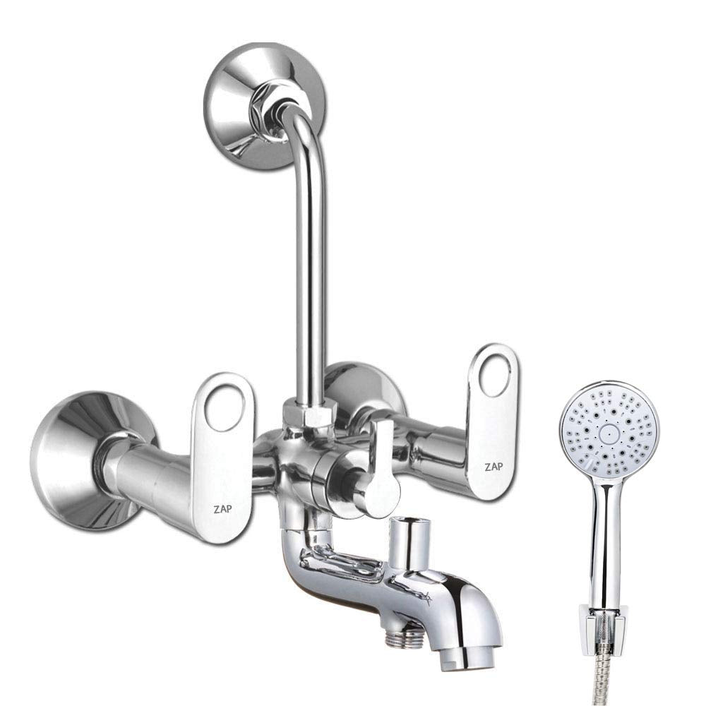 Geo Series 100% High Grade Brass 3 in 1 Wall Mixer with Crutch & Multi Flow Hand Shower with 1.5 Meter Flexible Tube (Chrome)