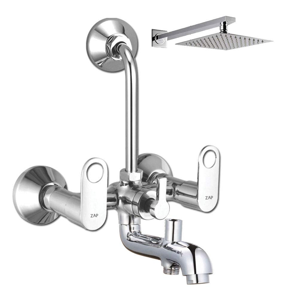 Geo Series 100% Full Brass Wall Mixer with Overhead Shower System Set and 125mm Long Bend Pipe for Bathroom (Chrome Finish)