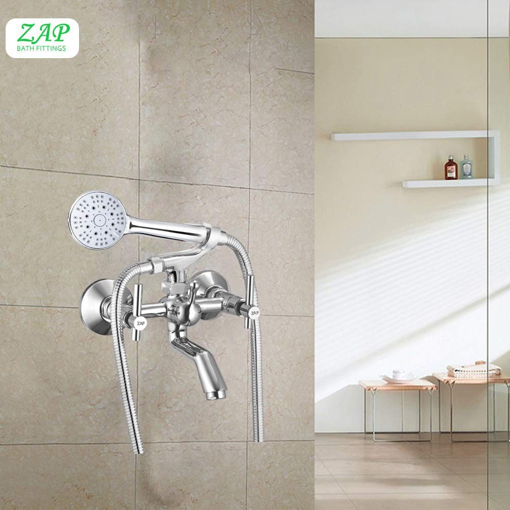 TRM Series High Grade Brass 2 in 1 Wall Mixer with Crutch & Multi Flow Hand Shower with 1.5 Meter Flexible Tube (Chrome)