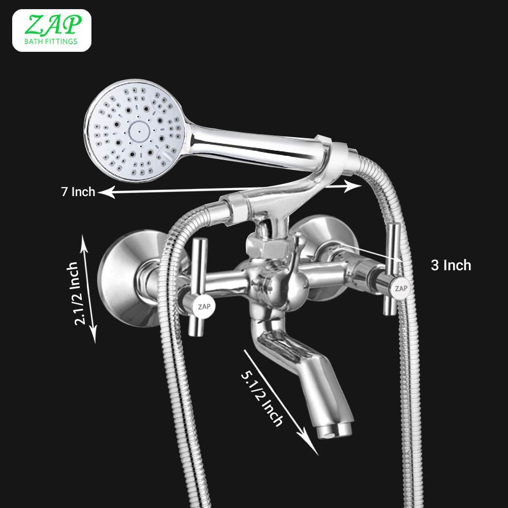 TRM Series High Grade Brass 2 in 1 Wall Mixer with Crutch & Multi Flow Hand Shower with 1.5 Meter Flexible Tube (Chrome)