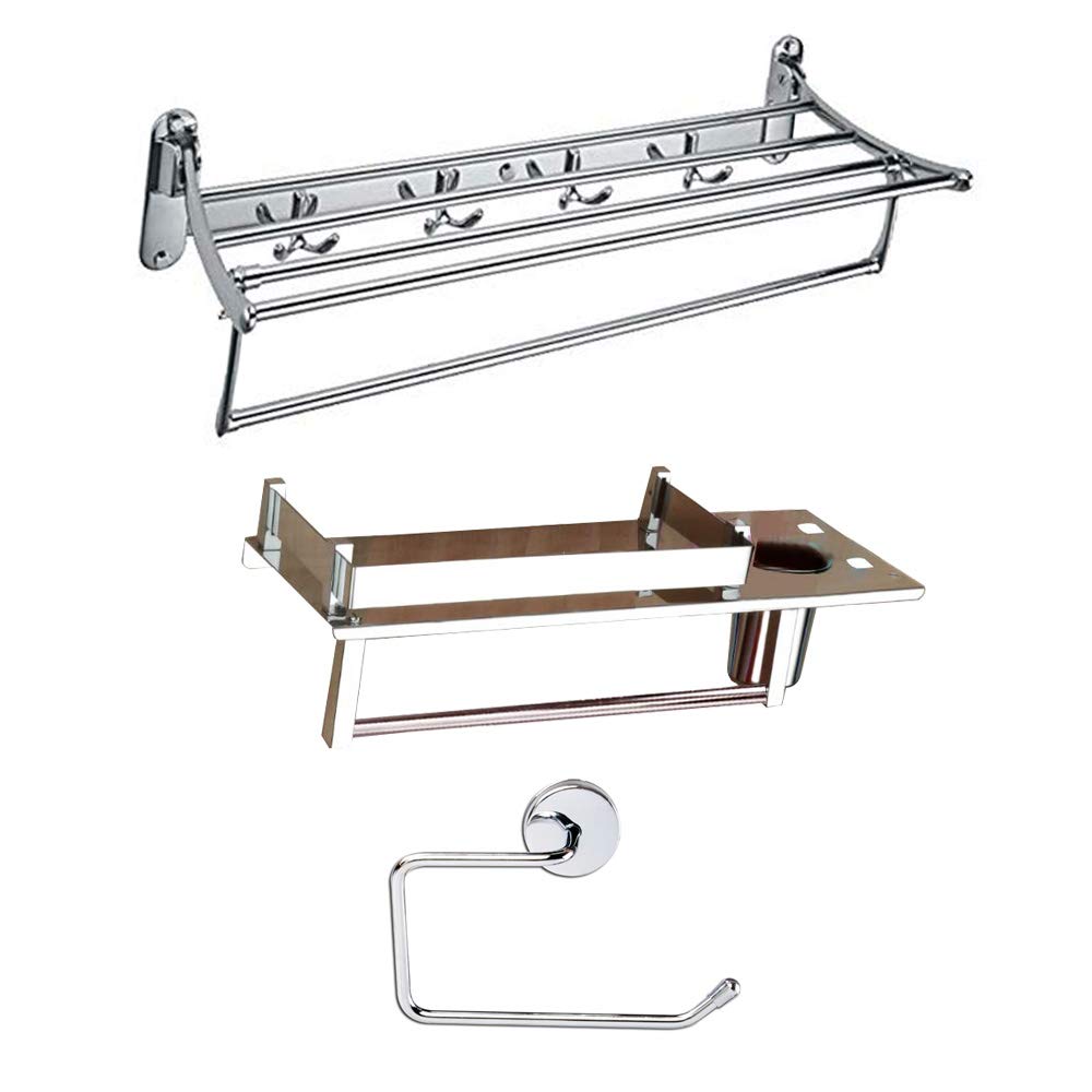 Stainless Steel Deluxe Bathroom Combo of 3 Set Folding Towel Rack / 3 in1 Multi Bathroom Shelf / Napkin Ring