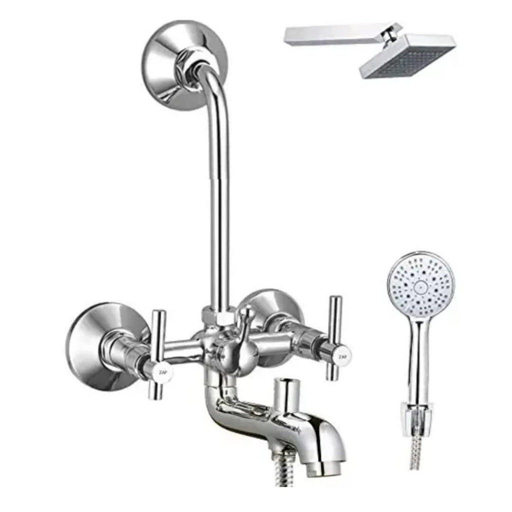 Terrim Series 100% High Grade Brass 3 in 1 Wall Mixer with Head Shower & Multi Flow Hand Shower with 1.5 Meter Flexible Tube (Chrome)