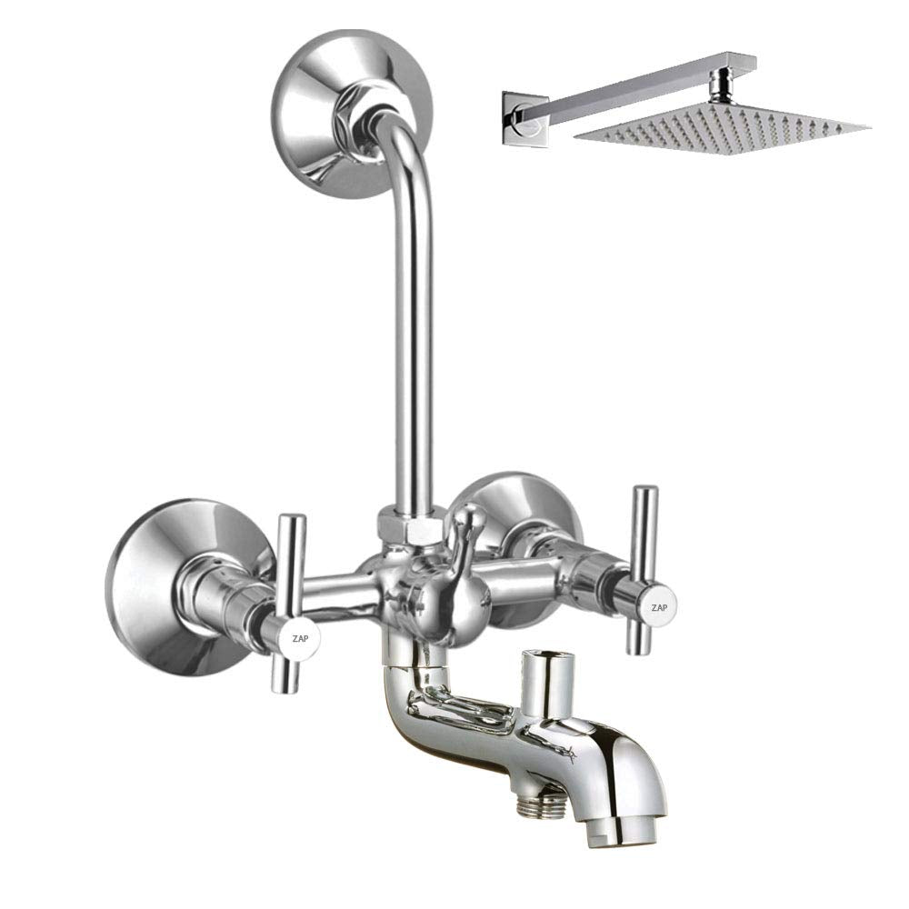 Terrim Series High Grade 100% Brass 3 in 1 Wall Mixer with Overhead Shower System Set and 125mm Long Bend Pipe for Bathroom (Chrome Finish)
