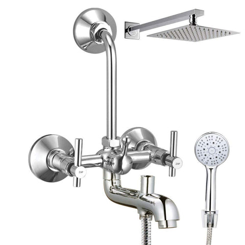 TER305 TERRIM Series 100% High Grade Brass 3 in 1 Wall Mixer with Shower Arms & Head | Multi Flow Hand Shower with 1.5 Meter Flexible Tube (Chrome)