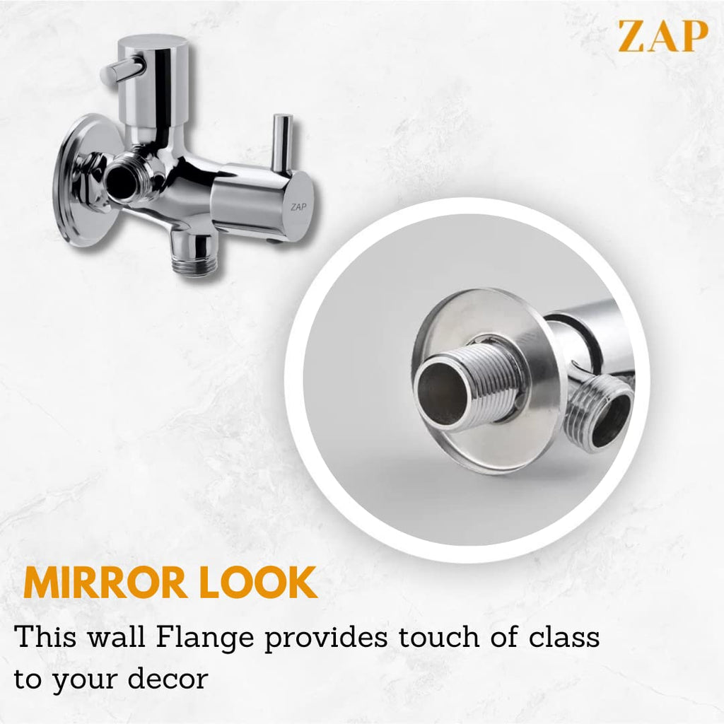 Turbo Series Chrome Finish 2 in 1 Angle Valve/Full Brass Quarter turn 2 Way Angle Valve for Pipe Connection in Bathroom with Wall Flange and Teflon Tape
