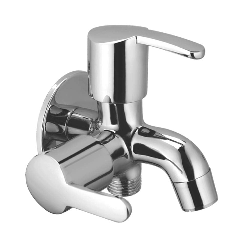 2 in 1 Brass Bib Cock Tap | Two in One Multi Tap with Wall Flange | Quarter Turn (Foam Flow/Chrome Finish)